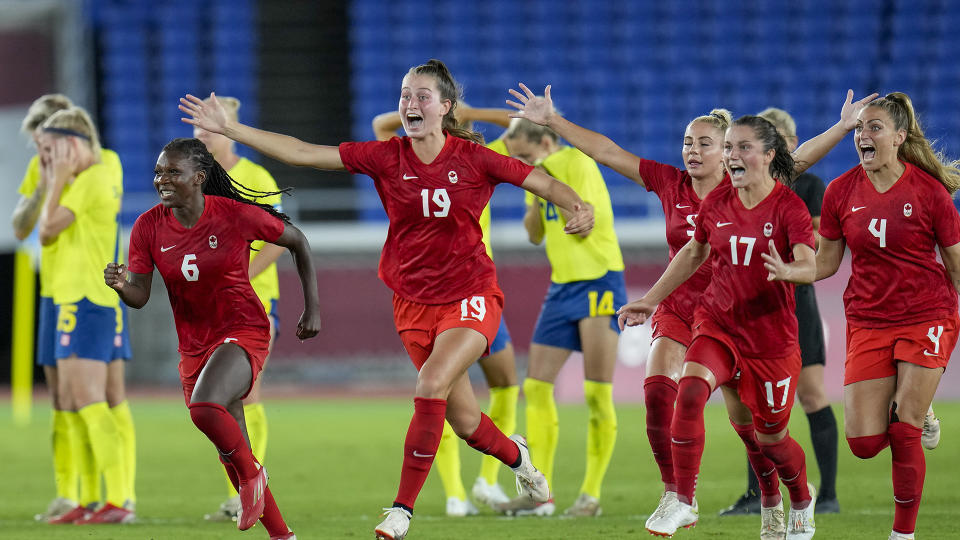 Canada won gold in women's soccer at the 2020 Olympics. (AP Photo/Fernando Vergara)