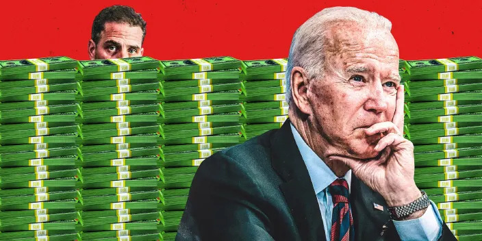 Hunter Biden looking over a wall of money. Joe Biden is in front not paying attention to him. The background is red.