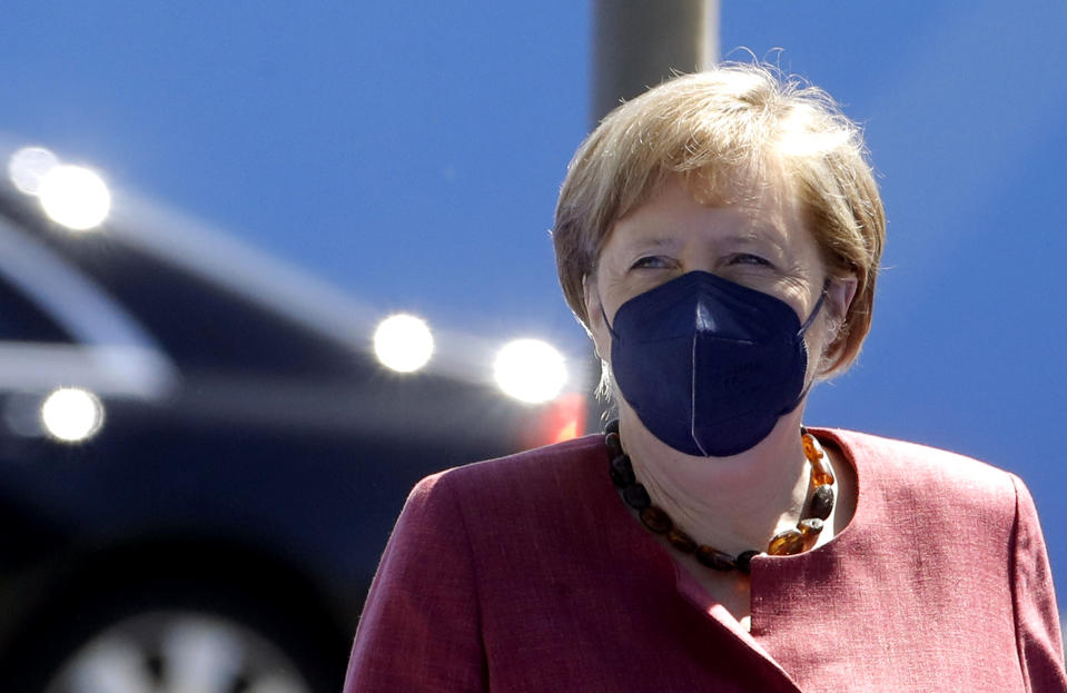 German Chancellor Angela Merkel arrives for a NATO summit at NATO headquarters in Brussels, Monday, June 14, 2021. U.S. President Joe Biden is taking part in his first NATO summit, where the 30-nation alliance hopes to reaffirm its unity and discuss increasingly tense relations with China and Russia, as the organization pulls its troops out after 18 years in Afghanistan. (Olivier Hoslet, Pool via AP)