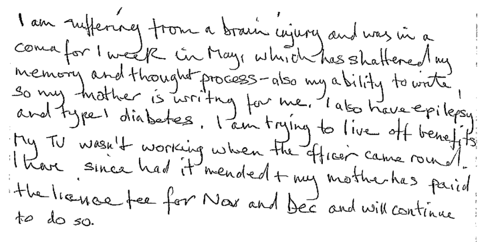 Prosecutors do not review letters like this one before sentence is passed in a TV Licensing criminal prosecution (Supplied)