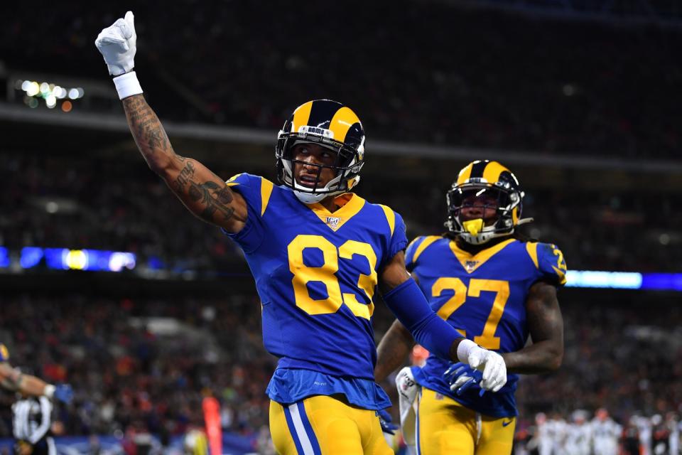 Rams wide receiver Josh Reynolds celebrates after scoring a touchdown against the Cincinnati Bengals in London last season.