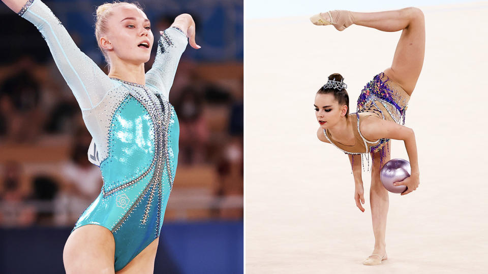 Angelina Melnikova and Dina Averina, pictured here in action at the Tokyo Olympics.