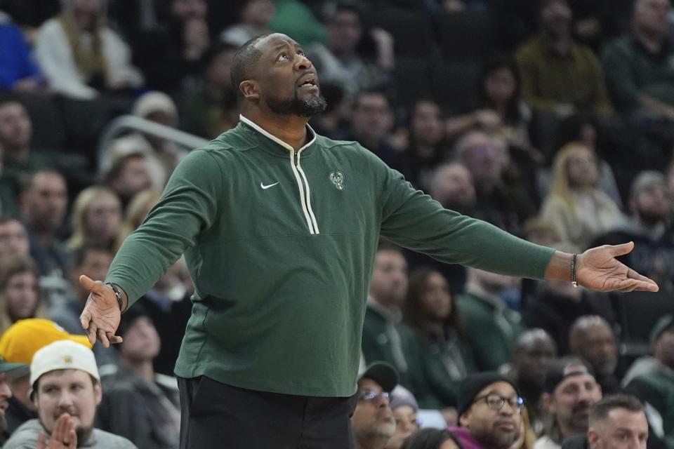 Milwaukee Bucks head coach Adrian Griffin reacts during the first half of an NBA basketball game Sunday, Jan. 14, 2024, in Milwaukee. (AP Photo/Morry Gash)