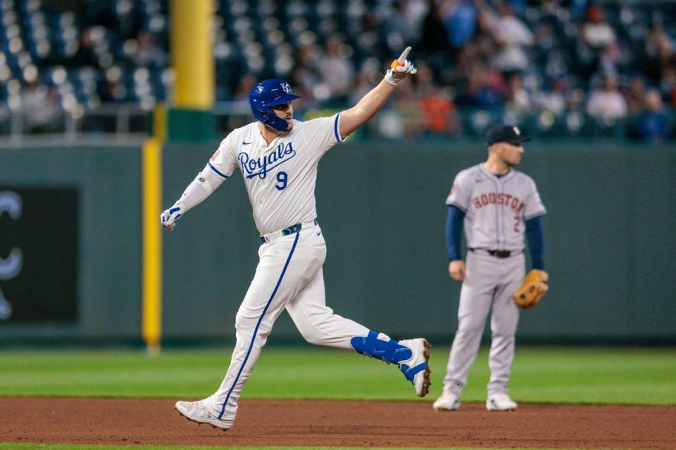 Kansas City Royals first baseman Vinnie Pasquantino rounds the bases after hitting a home run during the fourth inning of Wednesday’s game against the Houston Astros at Kauffman Stadium. William Purnell/USA TODAY Sports