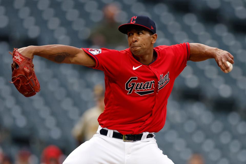 Cleveland Guardians relief pitcher Anthony Gose throws against the San Diego Padres during the seventh inning in the second baseball game of a doubleheader Wednesday, May 4, 2022, in Cleveland. (AP Photo/Ron Schwane)