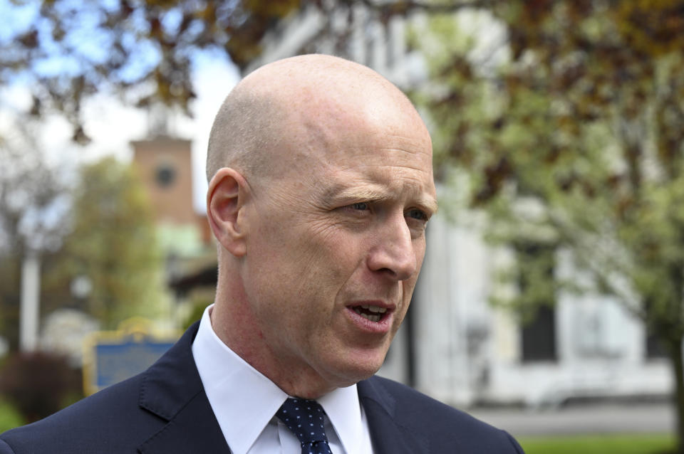 Lee Kindlon, attorney for Nauman Hussain, speaks with reporters during a new trial in Schoharie, N.Y., on Monday, May 1, 2023. Judge Peter Lynch, rejected a plea agreement for Hussain, who ran the limousine company involved in the 2018 crash that killed 20 people, to avoid prison time. (AP Photo/Hans Pennink)