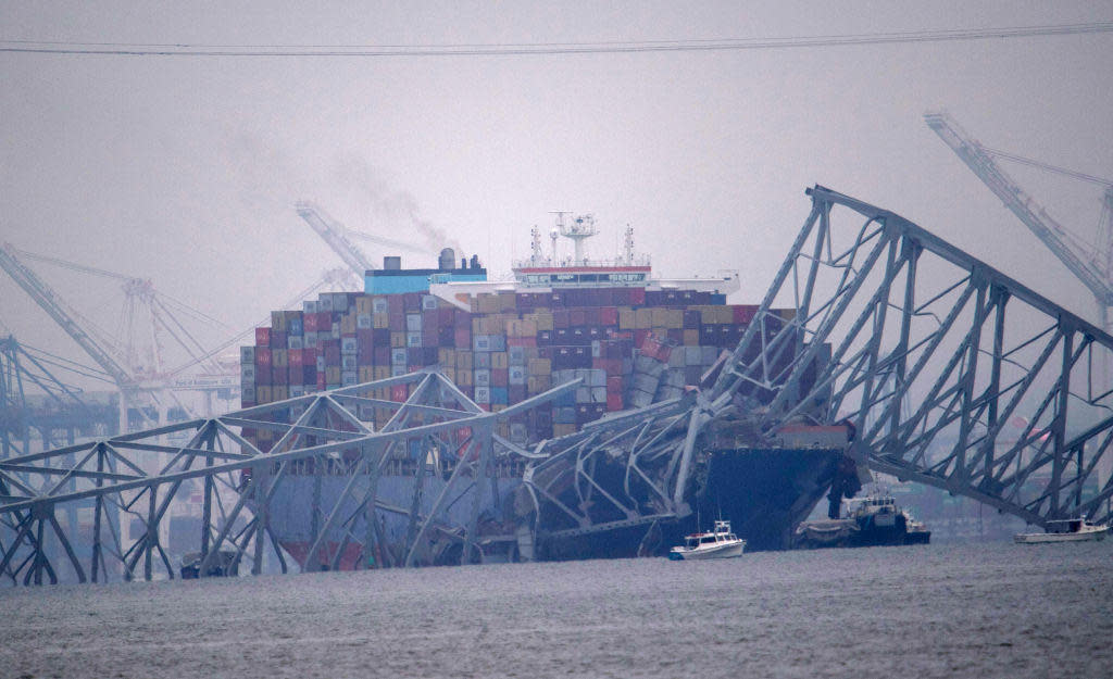 The wreckage of the Francis Scott Key bridge after it collapsed when a container ship plowed into it. / Credit: Jonathan Newton for The Washington Post via Getty Images