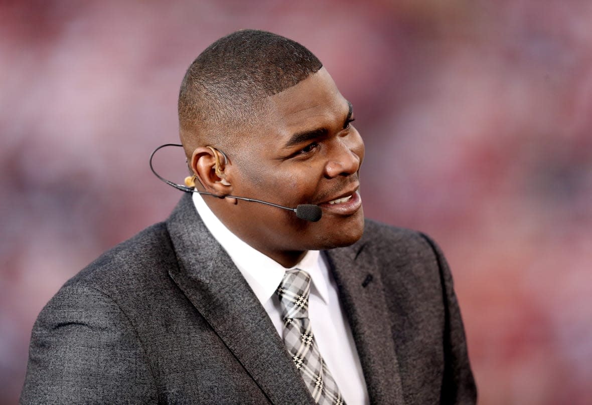 ESPN personality Keyshawn Johnson looks on before the last regular season game played at Candlestick Park between the San Francisco 49ers and the Atlanta Falcons on December 23, 2013 in San Francisco, California. (Photo by Stephen Dunn/Getty Images)