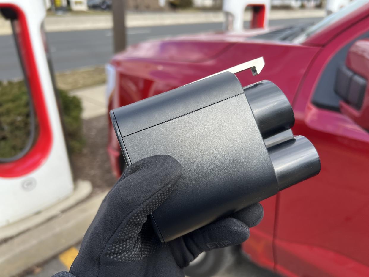 FEBRUARY, 29 2024 - The Fast Charging Adapter that will allow Ford EVs to charge at Tesla Supercharging locations. (credit: Pras Subramanian) 