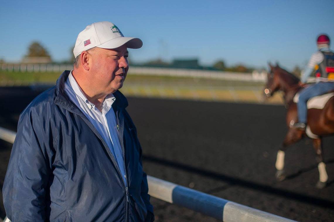 Dr. Stuart Brown, Keeneland vice president of equine safety, watches horses train at Keeneland on Monday. Brown joined Keeneland in this role in June 2020.