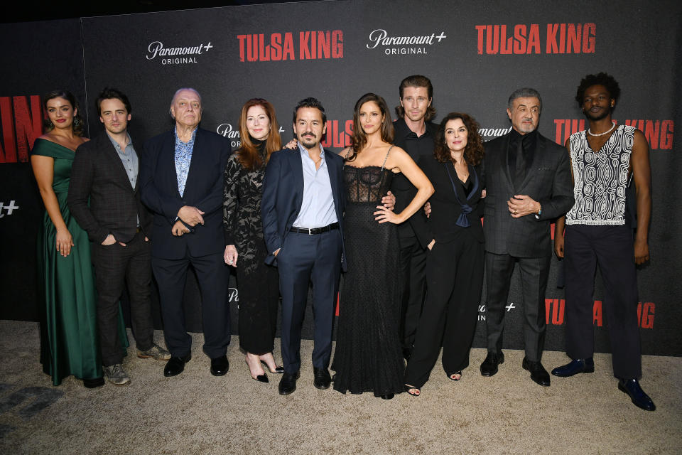 Tatiana Zappardino, Vincent Piazza, A.C. Peterson, Dana Delany, Max Casella, Andrea Savage, Garrett Hedlund, Annabella Sciorra, Sylvester Stallone and Jay Will at the premiere of "Tulsa King" held at Regal Union Square on November 9, 2022 in New York City.