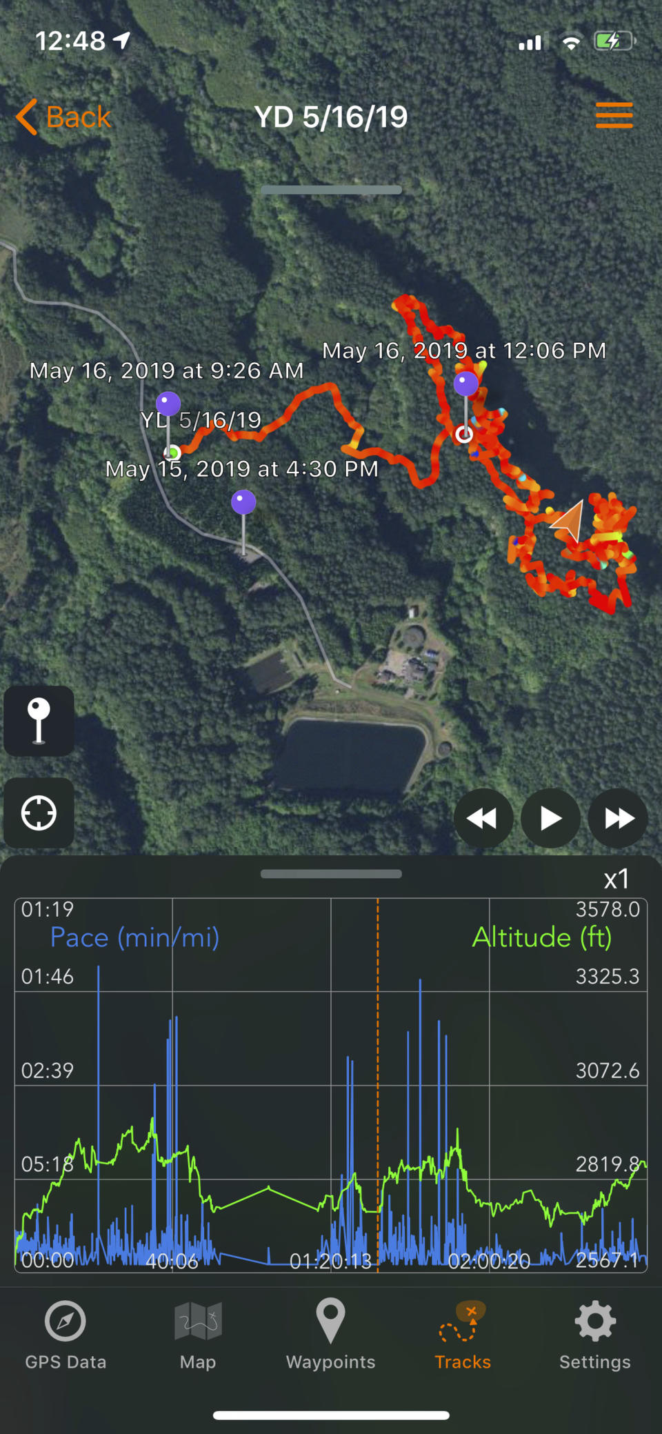 This May 19, 2019, screenshot of a cell phone screen provided by Yesenia D'Alessandro shows the route, as measured by the cellphone's GPS, taken by a volunteer who was searching for Amanda Eller, a yoga teacher and physical therapist who went missing during a hike in Haiku, Hawaii. The dramatic rescue of a hiker lost for more than two weeks in a remote Hawaii forest is showing how emerging technology is helping search teams more efficiently scour the wilderness for missing people. (Courtesy of Yesenia D'Alessandro via AP)