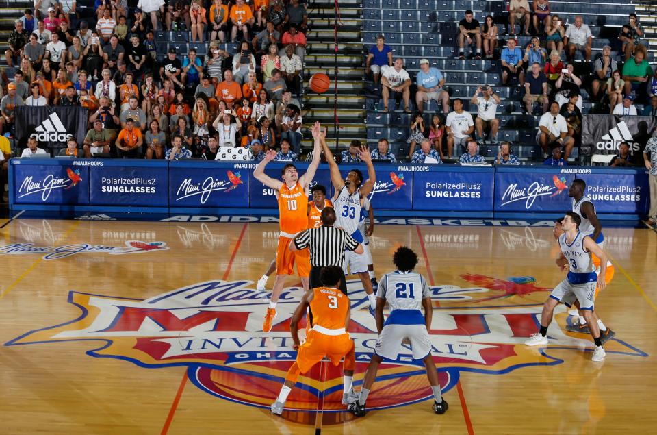 Tennessee Volunteers square up for the opening tip against the Chaminade Silverswords during day three of the Maui Jim Maui Invitational at the Lahaina Civic Center.