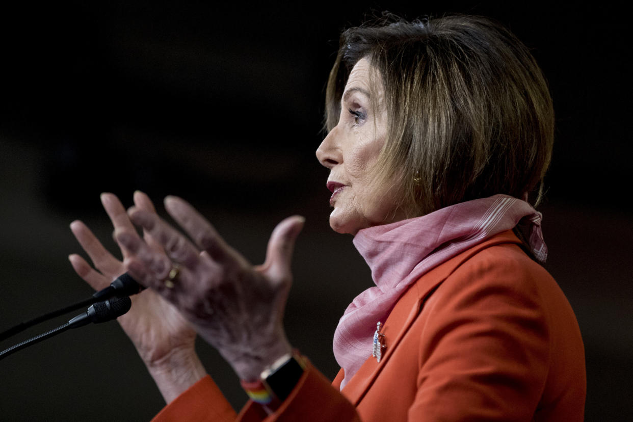 House Speaker Nancy Pelosi of Calif., speaks during a news conference on Capitol Hill, Friday, April 24, 2020, in Washington. (AP Photo/Andrew Harnik)