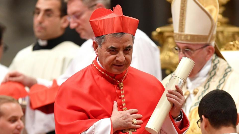 PHOTO: In this June 28, 2018 file photo, Cardinal Giovanni Angelo Becciu leaves after kneeling before Pope Francis to pledge allegiance and become a cardinal at St. Peter's basilica in Vatican City.  (Andreas Solaro/AFP via Getty Images, FILE)