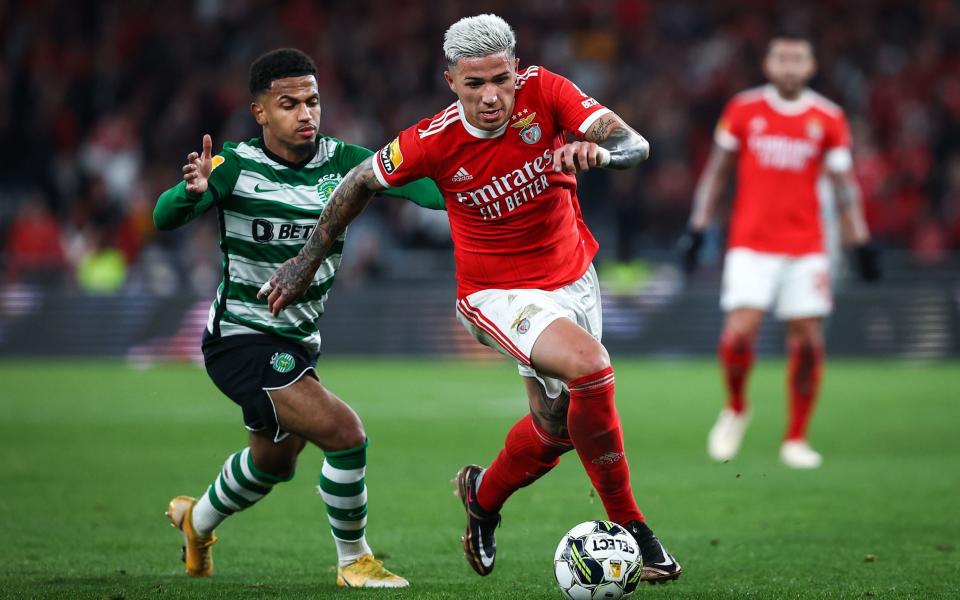 Benfica's player Enzo Fernandez (R) in action against Sporting CP player Marcus Edwards (L) during the Portuguese Primeira Liga soccer match between SL Benfica and Sporting CP - Rodrigo Antunes/EPA-EFE/Shutterstock