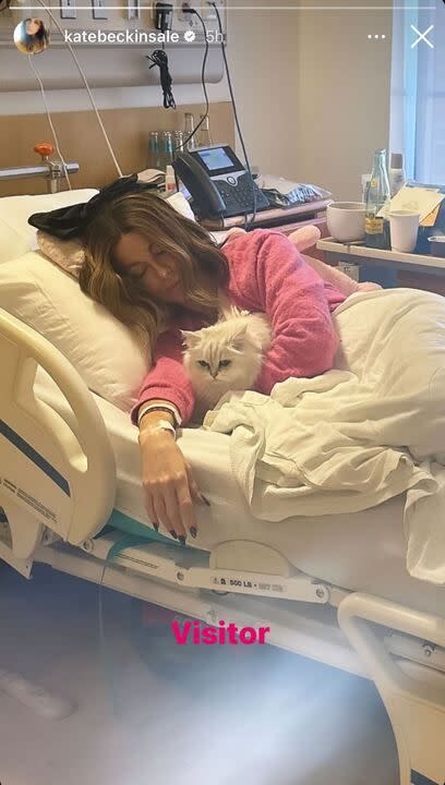 Kate Beckinsale lies in a hospital bed with her cat