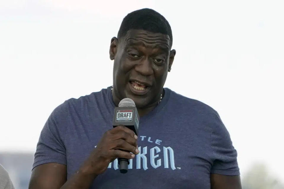 Former NBA basketball player Shawn Kemp speaks during the Seattle Kraken’s NHL hockey expansion draft event in Seattle, July 21, 2021. (AP Photo/Ted S. Warren, File)