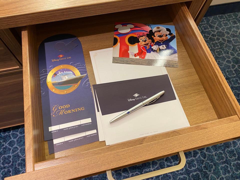 A stationary drawer inside a standard stateroom aboard the Disney Wish cruise.