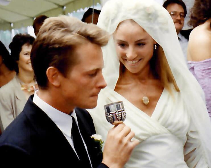 Michael J. Fox and Tracy Pollan on their wedding day