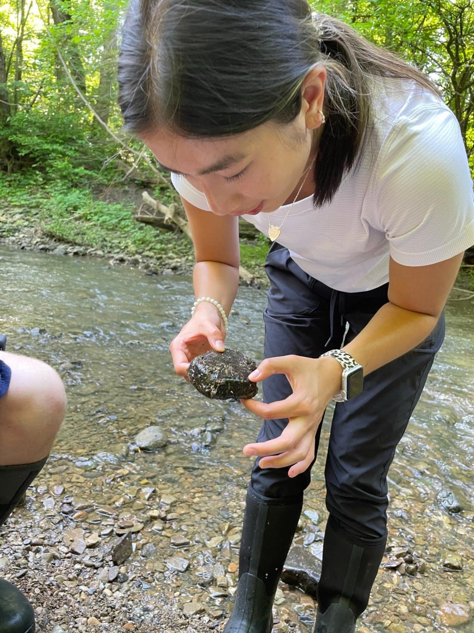 Sarah Lim gathers samples from the stream.