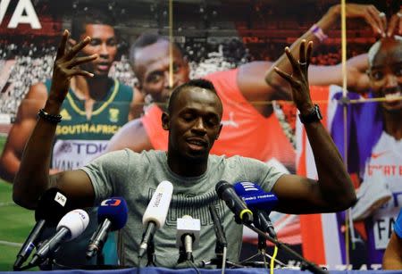 Jamaican sprinter Usain Bolt reacts during a news conference before the Ostrava Golden Spike athletics meeting in Ostrava, Czech Republic, June 26, 2017. REUTERS/David W Cerny