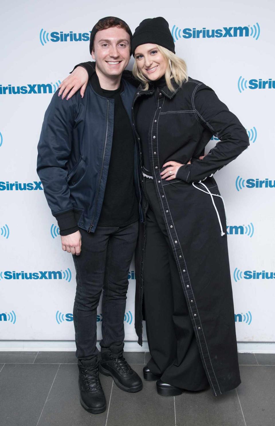 Daryl Sabara and singer Meghan Trainor visit the SiriusXM Studios on March 8, 2018 in New York City