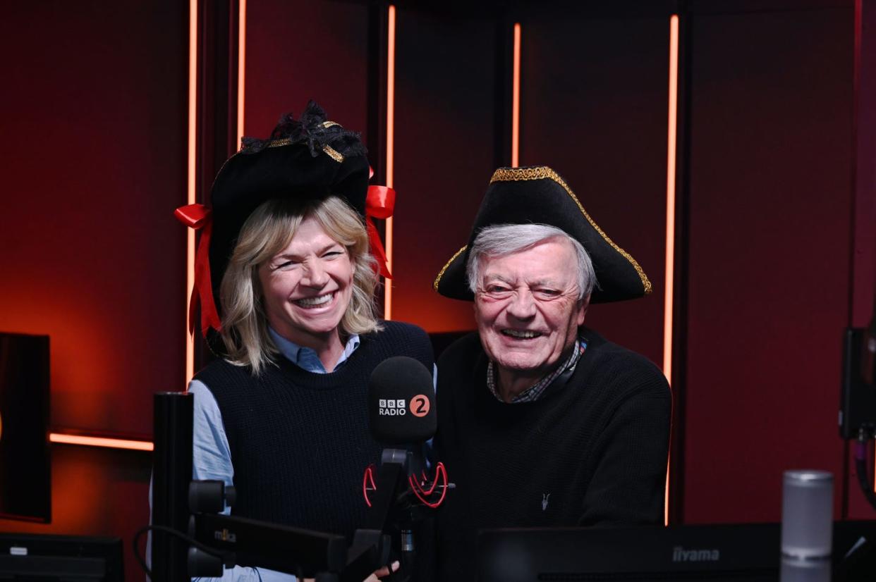 zoe ball and tony blackburn wearing pirate hats on bbc radio 2 pirate radio takeover