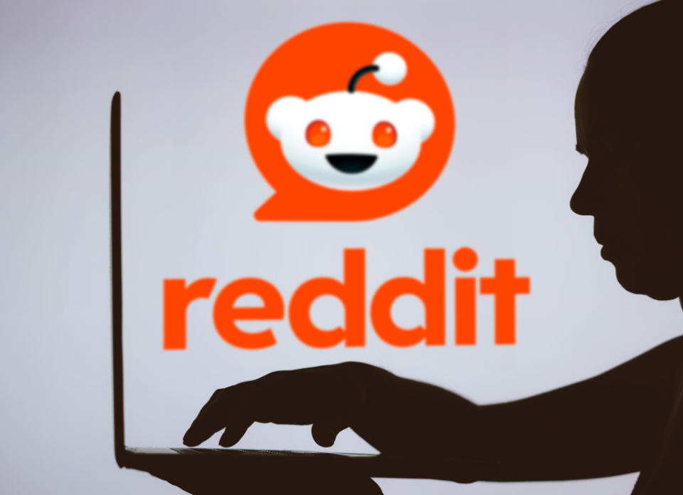 BRAZIL - 2024/02/26: In this photo illustration, the Reddit logo is seen in the background of a silhouette of a person using a notebook. (Photo Illustration by Rafael Henrique/SOPA Images/LightRocket via Getty Images)