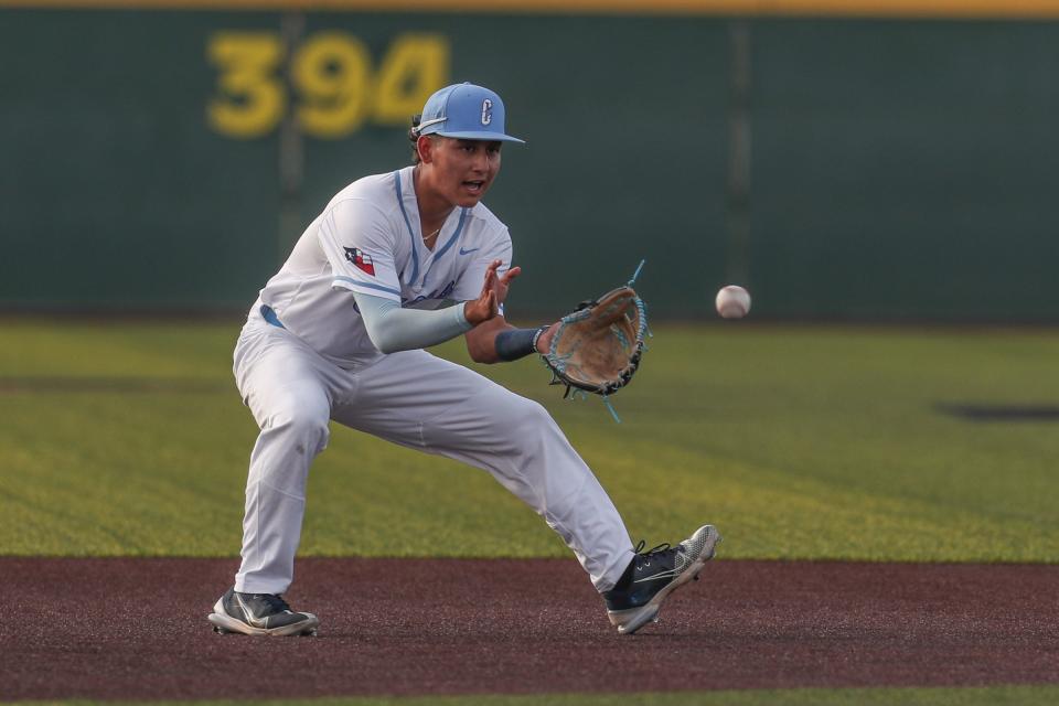 Carroll shortstop Easton Hewitt fields a ball during the game Friday, May 18, 2023, at Cabaniss Baseball Field in Corpus Christi, Texas. 