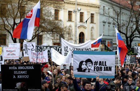 Demonstrators attend a protest rally in reaction to the murder of Slovak investigative reporter Jan Kuciak and his fiancee Martina Kusnirova, in Bratislava, Slovakia, March 16, 2018. REUTERS/David W. Cerny