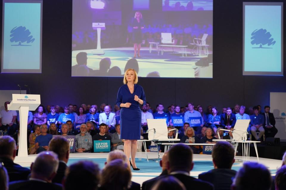 Liz Truss speaking at the All Nations Centre in Cardiff as part of her campaign to be leader of the Conservative Party and the next prime minister (Jacob King/PA) (PA Wire)