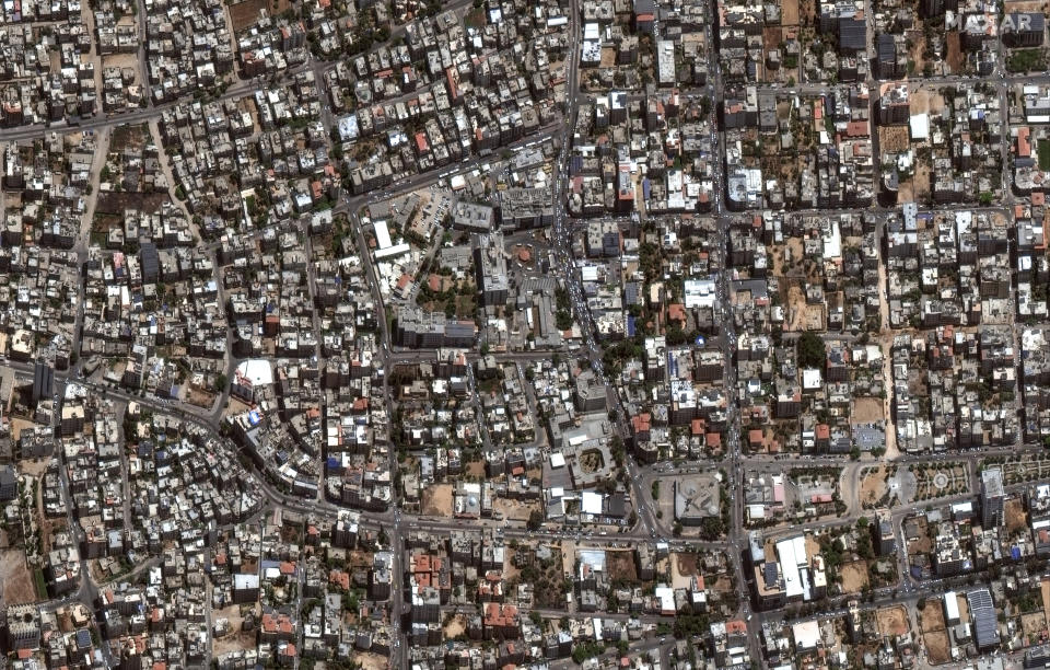 This satellite image provided by Maxar Technologies shows an overview of Al Shifa hospital and surroundings in Gaza city, on Wednesday, June 1, 2022. (Maxar Technologies via AP)