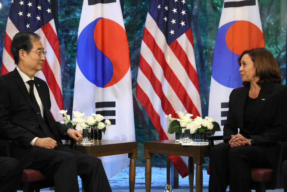 U.S. Vice President Kamala Harris, right, holds a bilateral meeting with South Korea's Prime Minister Han Duck-soo in Tokyo, Tuesday, Sept. 27, 2022. (Leah Millis/Pool Photo via AP)