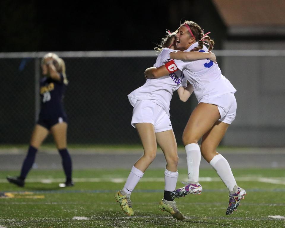 Revere's Kayla Smith, facing, celebrates with Zsofia Jakab after scoring during the second half against Copley on Wednesday in Copley.