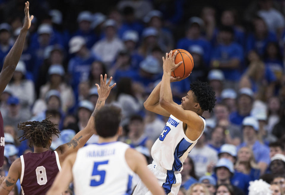 Creighton's Trey Alexander shoots against Texas Southern's Shaqir O'Neal during the first half of an NCAA college basketball game Saturday, Nov. 18, 2023, in Omaha, Neb. (AP Photo/Rebecca S. Gratz)