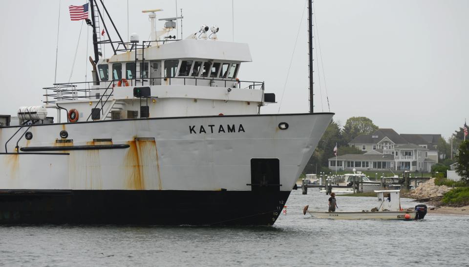 The Martha's Vineyard, Nantucket and Woods Hole Steamship Authority vessel Katama navigates the busy Hyannis Inner Harbor as it backs into its slip with a full ship of trucks, in a 2022 photo.