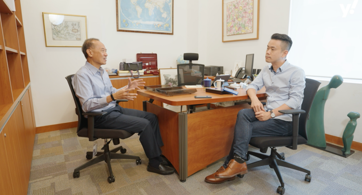 Former Foreign Minister of Singapore George Yeo speaks to Yahoo News senior editor Nicholas Yong in Yeo's office at the Lee Kuan Yew School of Public Policy on Monday, 15 August 2022. (PHOTO: Zheng Jiaxing)