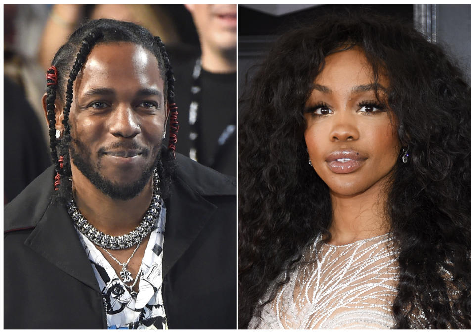 This combination photo shows musician Kendrick Lamar, left, and Solana Rowe, better known as SZA, who, along with Mark Spears and Anthony Tiffith, were nominated for an Oscar for best original song for "All the Stars," from the film "Black Panther." (AP Photo)