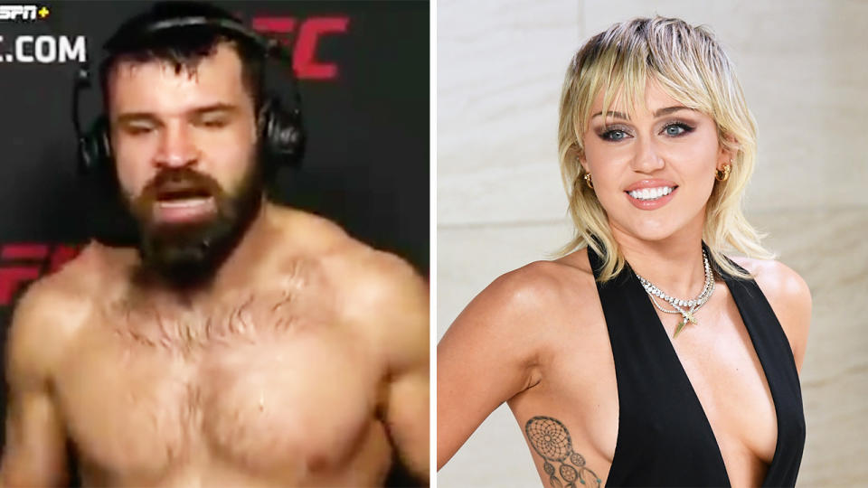 UFC fighter Julian Marquez (pictured left) during his post-match interview and pop star Miley Cyrus (pictured right) posing for a photo.