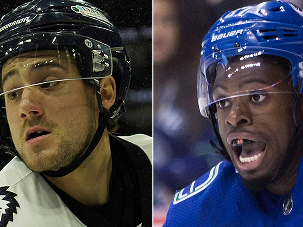 The ECHL has suspended defenceman Jacob Panetta, left, indefinitely after fellow Canadian player Jordan Subban of South Carolina Stingrays accused him of making a monkey gesture during Saturday's game in Jacksonville, Fla. On Sunday, the Icemen released Panetta. (Submitted by Andrew Fielder/sports photographer/CP/File - image credit)