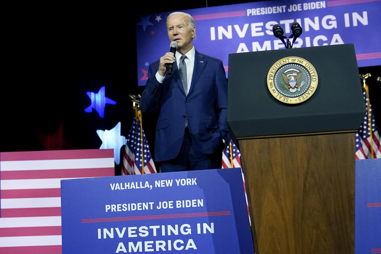 President Joe Biden speaks on the debt limit during an event at SUNY Westchester Community College, Wednesday, May 10, 2023, in Valhalla, N.Y. (AP Photo/John Minchillo)