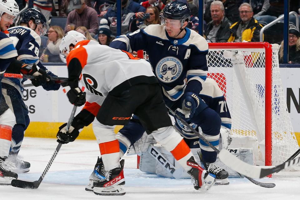 Apr 6, 2024; Columbus, Ohio, USA; Philadelphia Flyers right wing Bobby Brink (10) reaches for the rebound of Columbus Blue Jackets goalie Jet Greaves (73) save during the second period at Nationwide Arena. Mandatory Credit: Russell LaBounty-USA TODAY Sports