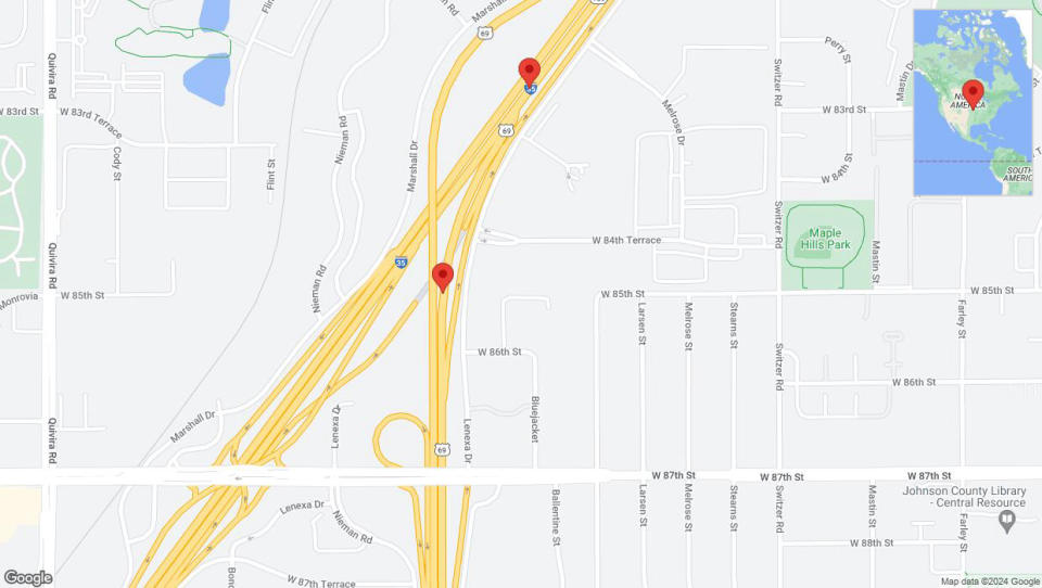 A detailed map that shows the affected road due to 'Heavy rain prompts traffic warning on northbound US-69 in Lenexa' on May 2nd at 4:56 p.m.