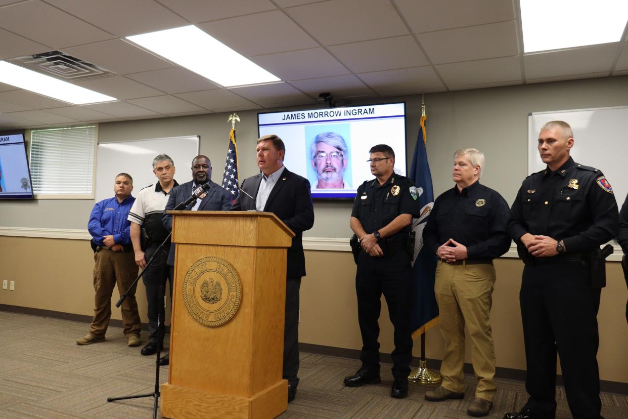 Grant Parish Sheriff Steven McCain (center) talks about the three arrests after the death of Colfax resident James Morrow Ingram, 68. The investigation covered multiple jurisdictions in Grant and Rapides parishes.