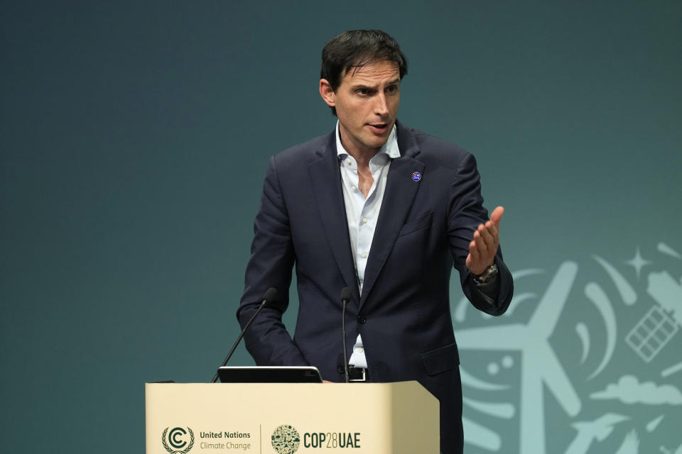 Wopke Hoekstra, E.U. commissioner for climate action, speaks at an event at the COP28 U.N. Climate Summit, Saturday, Dec. 9, 2023, in Dubai, United Arab Emirates.  (Peter Dejong / AP)