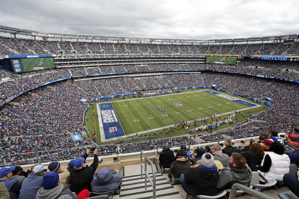 FILE - A general view as the Washington Redskins take on the New York Giants during an NFL football game Sunday, Oct. 28, 2018, at Metlife Stadium in East Rutherford, N.J. MetLife Stadium officials plan to remove 1,740 seats to widen the field for World Cup matches as they hope to host the 2026 final but will retain a narrower surface for this year’s Copa América. (AP Photo/Adam Hunger, File)
