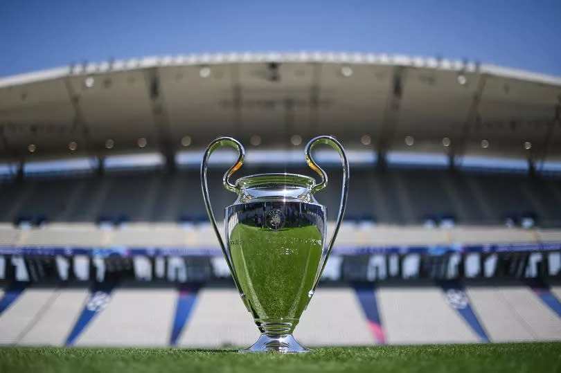 The Champions League trophy is seen at the Ataturk Olympic Stadium ahead of the UEFA Champions League 2022/23 final between Manchester City and Inter Milan on June 07, 2023