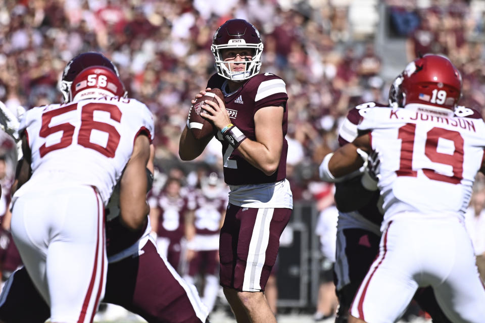 Oct 8, 2022; Starkville, Mississippi, USA;Mississippi State Bulldogs quarterback Will Rogers (2) looks to pass against the Arkansas Razorbacks during the first quarter at Davis Wade Stadium at Scott Field. Mandatory Credit: Matt Bush-USA TODAY Sports