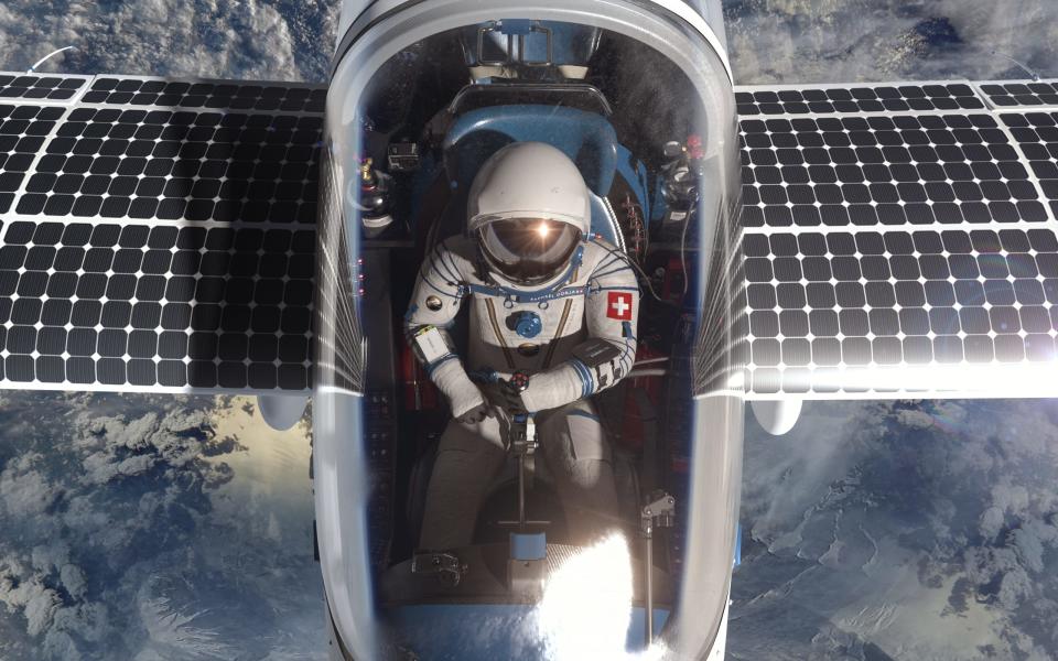 Miguel Iturmendi powers the battery-paneled SolarStratos in the skies above Switzerland